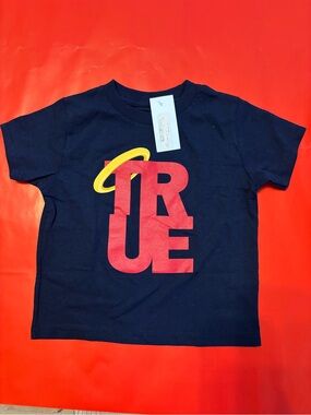 Kids Navy Graphic 'TRUE' Tee with Red & Yellow Accent